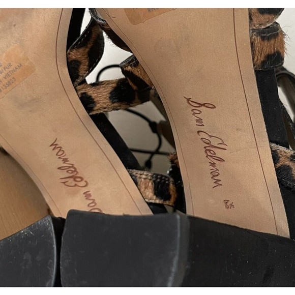 Sam Edelman Block Heels Strappy Sandals 8.5 Gladiator Dyed Cow Fur Leopard Print - Picture 11 of 11